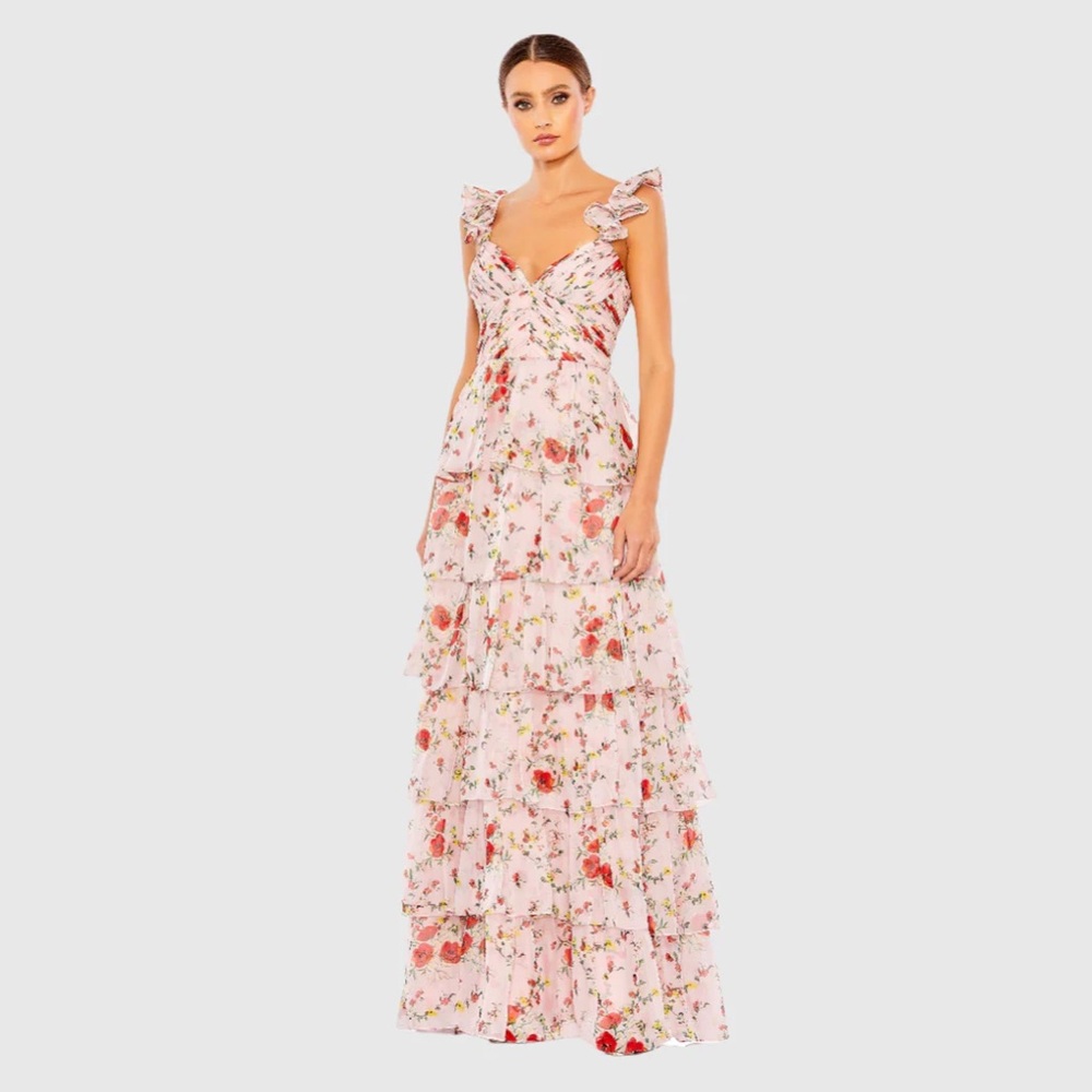 Ieena for Mac Duggal Pink Floral Tiered Layered Ruffle Sleeve Maxi Gown 8 NWT